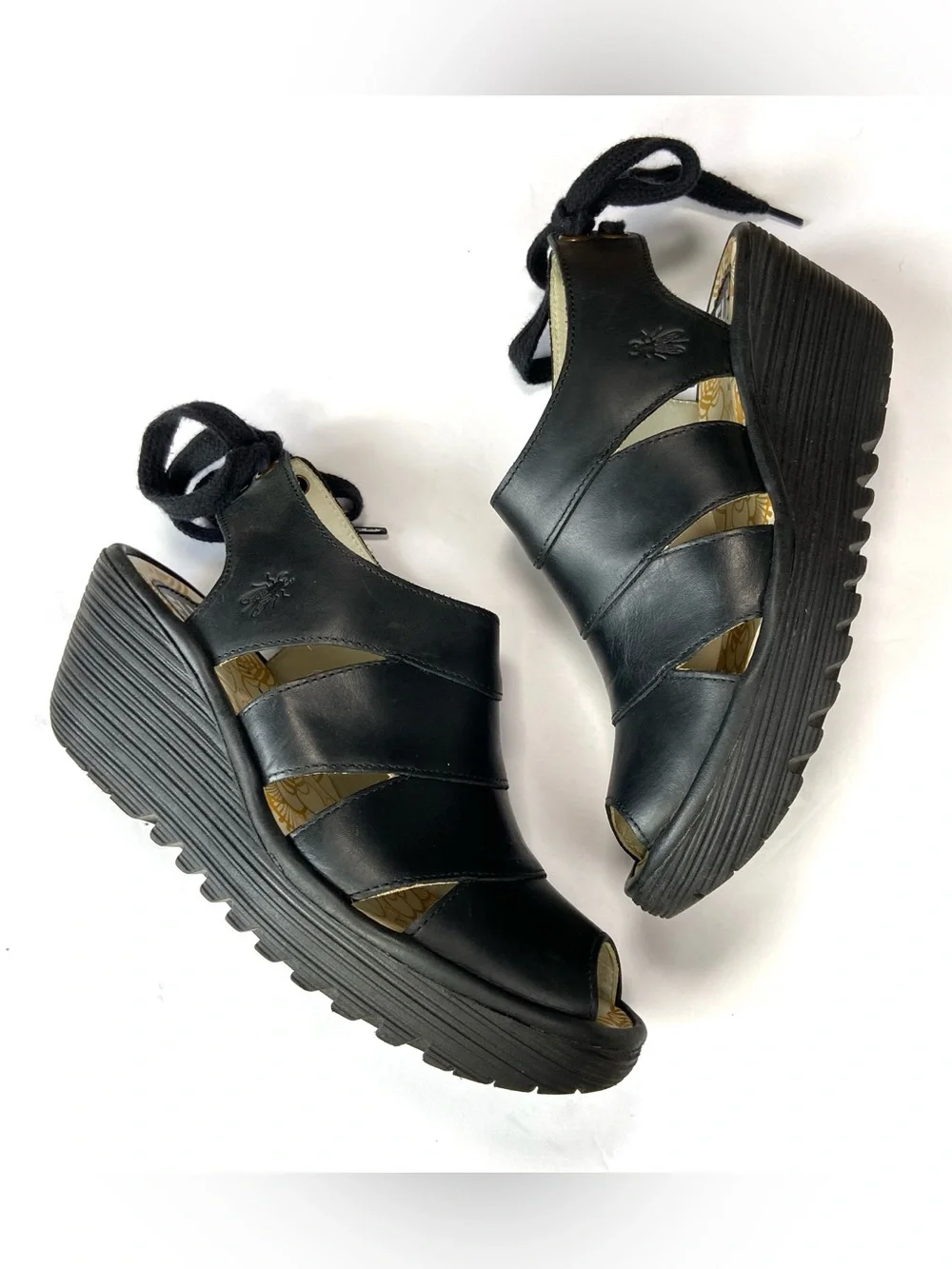 FLY LONDON Yown Wedge Black Leather Lace Up Sandal 40 Comfort Classic